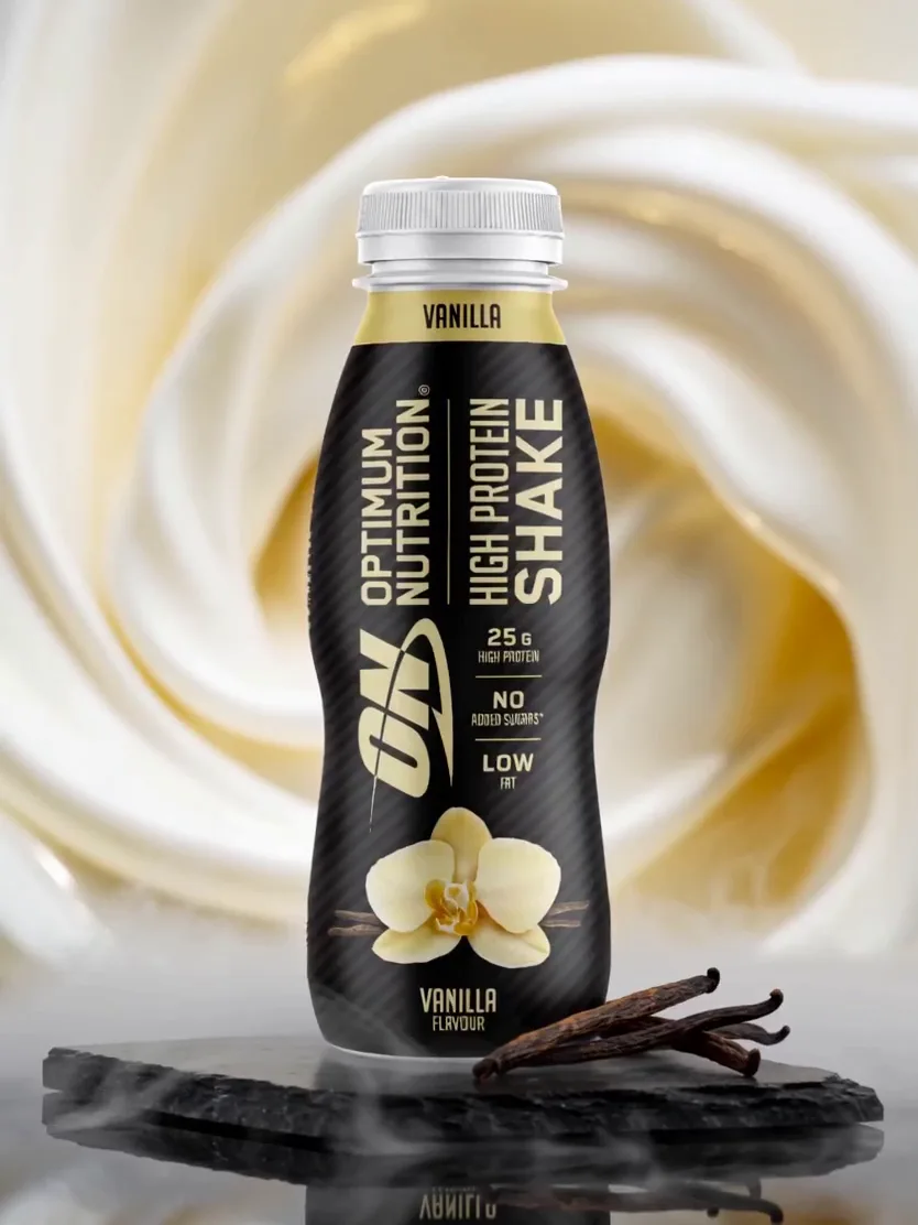 Vanilla Protein Shake. Concept for Optimum Nutrition